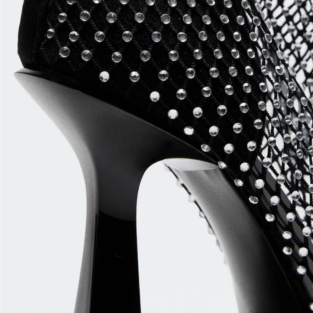 Mango MNG Black Mesh Rhinestone Heeled Boots - Picture 6 of 11